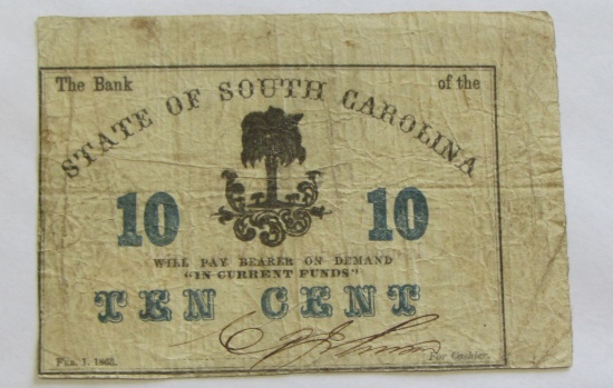 10 CENT SOUTH CAROLINA OBSOLETE NOTE 1862