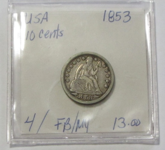 1853 SEATED DIME SOLID MID GRADE