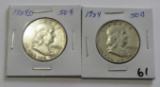 Lot of 2 - 1954 & 1954-D Franklin Half Dollar
