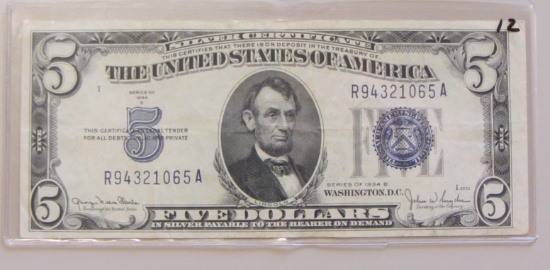 CRISP $5 SILVER CERTIFICATE 1934-D