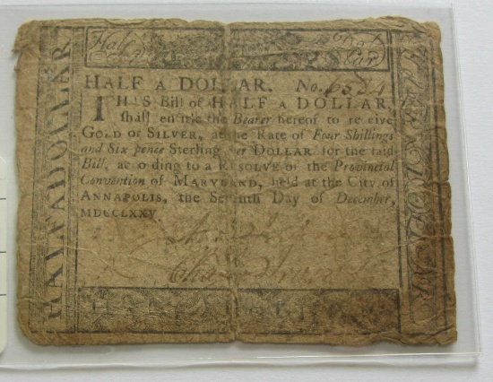 SCARCE 1775 COLONIAL CURRENCY 4 SHILLING 6 PENCE MARYLAND HALF DOLLAR