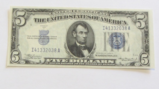 $5 SILVER CERTIFICATE 1934-A CRISP YOU CAN SEE EMBOSSING IN THE PICTURE