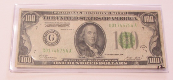 $100 FEDERAL RESERVE NOTE REDEEMABLE IN GOLD 1928-A