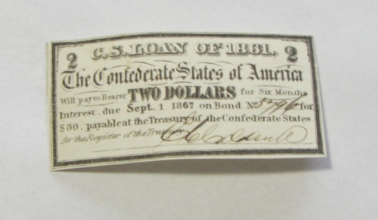 1861 C.S. LOAN $2 BOND COUPON CONFEDERATE