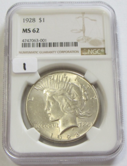 KEY DATE $1 1928 PEACE SILVER DOLLAR NGC UNCIRCULATED MS 62