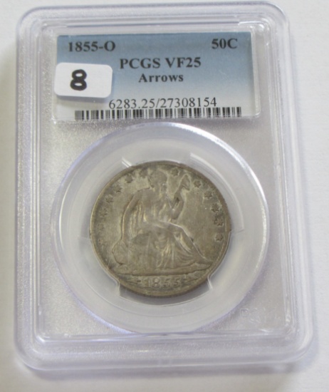 1855-O SEATED HALF PCGS ARROWS VF 25