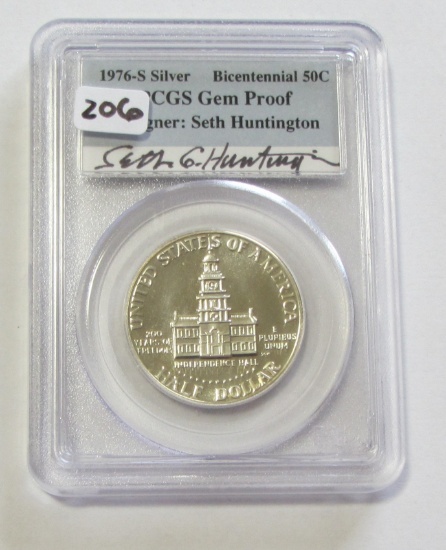 1976-S Bicentennial Silver 50C PCGS GEM Proof Signed Designer Seth Huntingt