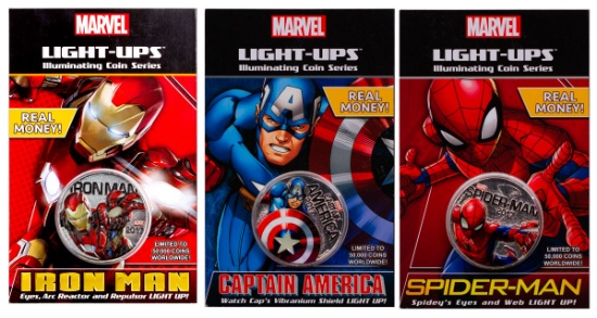 VERY NEAT LIGHT UP COINS SPIDERMAN IRON MAN CAPTAIN AMERICA FIJI HALF DOLLA