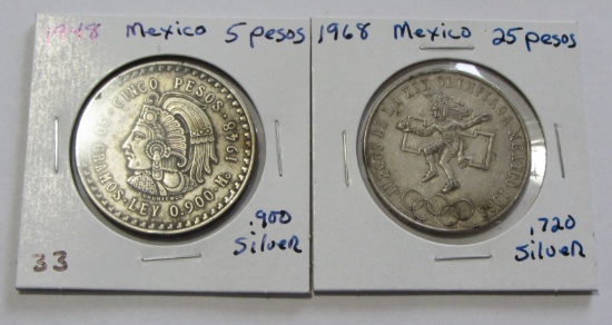 SILVER MEXICO 5 AND 25 PESO LOT 1968 1948