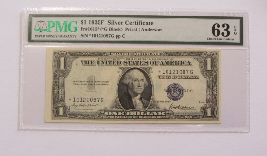 $1 1935-F STAR SILVER CERTIFICATE PMG 63 WITH EPQ