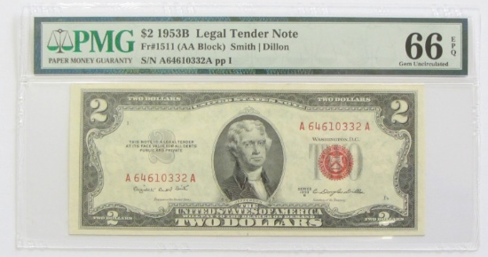 $2 1953-B RED SEAL LEGAL TENDER PMG 66 GEM EPQ