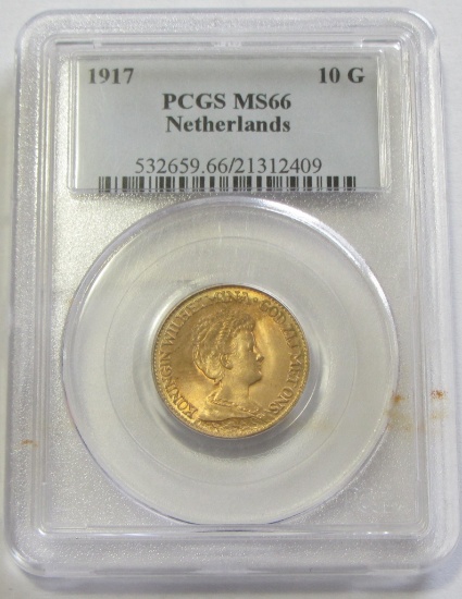 1917 GOLD NETHERLANDS PCGS MS 66 10 GULDER