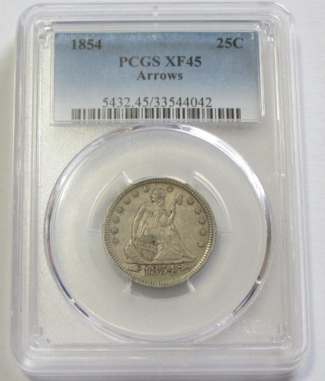 1854 SEATED QUARTER PCGS XF 45 TOUGHER COIN IN THIS GRADE