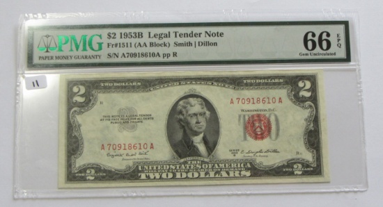 $2 1953-B RED SEAL GEM PMG 66 EPQ