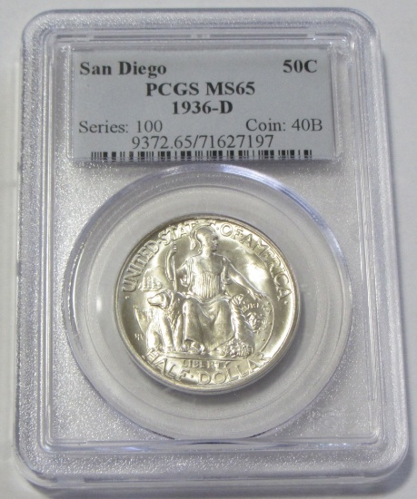 BLAST WHITE 1936-D SAN DIEGO SILVER COMMEMORATIVE PCGS GEM 65