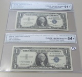 2 $1 SILVER CERTIFICATES 1957 CGA 64