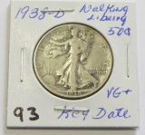 1938-D Walking Liberty Half Dollar VG+- Key Date