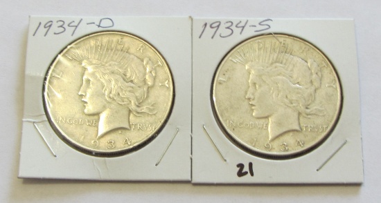 $1 1934 D AND S PEACE SILVER DOLLARS