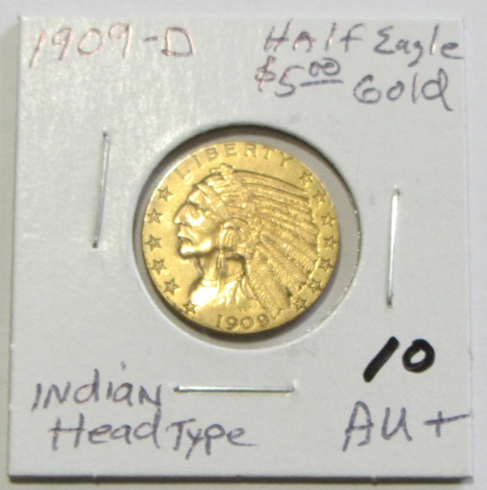 $5 GOLD INDIAN HALF EAGLE 1909-D HIGH GRADE