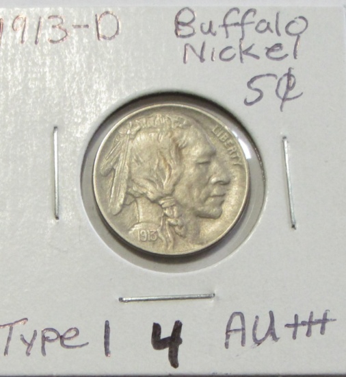 1913-D TYPE 1 BUFFALO NICKEL AU