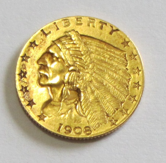 $2.5 GOLD QUARTER INDIAN EAGLE 1908 ALWAYS A POPULAR COIN