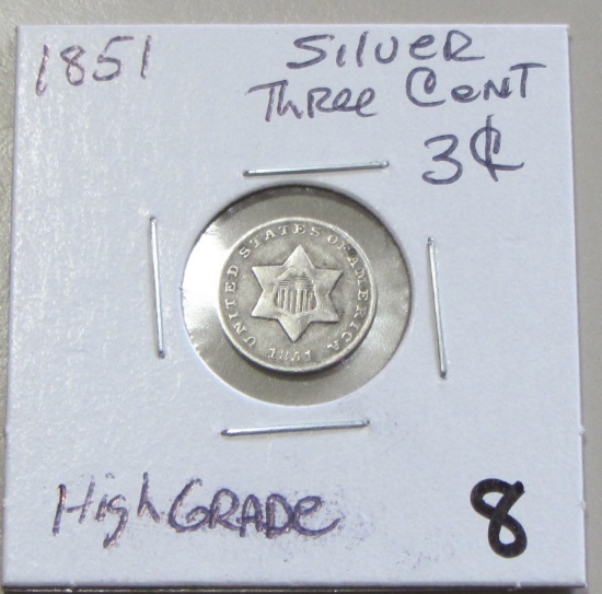 1851 HIGH GRADE 3 CENT PIECE