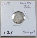 1857 SILVER 3 CENT PIECE COUNTER STAMPED