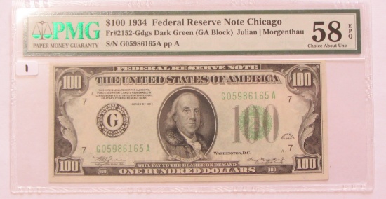 $100 1934 FEDERAL RESERVE NOTE DARK GREEN SEAL PMG 58 EPQ