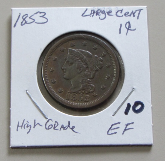 1853 HIGH GRADE BRAIDED HAIR LARGE CENT