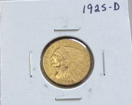 STUNNING UNCIRCULATED $2.5 GOLD 1925-D QUARTER EAGLE