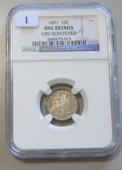 1891 SEATED DIME UNCIRCULATED LUSTER NGC LIGHT SCRATCH