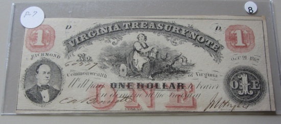 HIGH GRADE $1 VIRGINIA TREASURY NOTE 1862