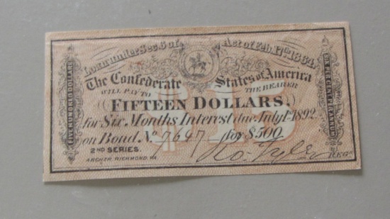 $15 CONFEDERATE BOND COUPON 1864