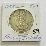 1943-S Walking Liberty Half Dollar - No AW (missing Initials)