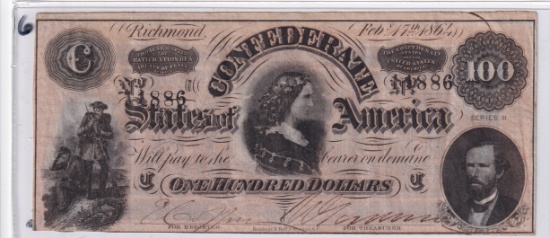 TOUGH $100 CONFEDERATE 1864 CURRENCY