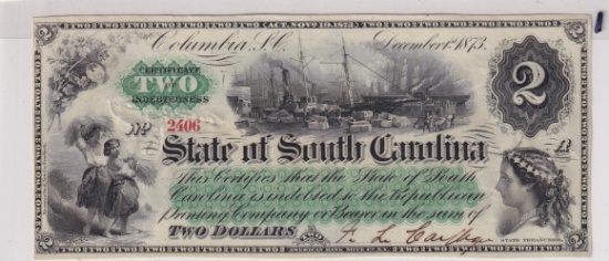 UNCIRCULATED $2 SOUTH CAROLINA OBSOLETE 1873