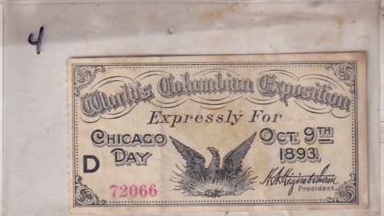 1893 WORLDS FAIRT CHICAGO DAY TICKET