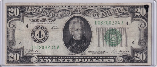 $20 1928 FRN REDEEABLE IN FOLD NUMBERICAL 4