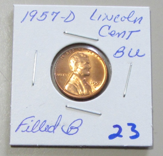 1957D Lincoln Cent - BU Red - Filled B