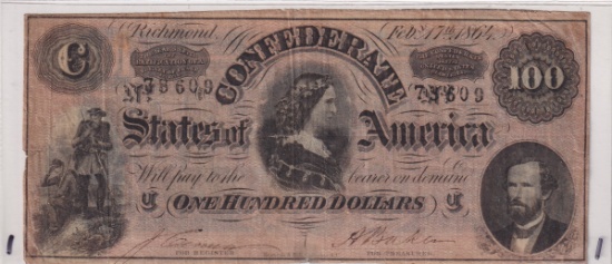 $100 CONFEDERATE 1864 HIGH DENOMINATION