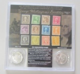 2 SILVER PROOF AND UNC WASHINGTON HALVES WITH STAMPS
