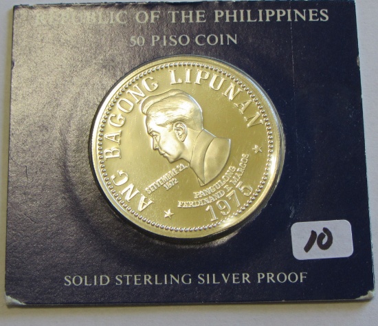 PROOF SILVER 1975 50 PISO PHILLIPPINES LARGE COIN