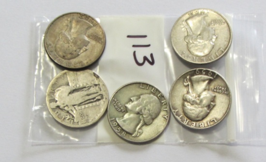 Lot of 5 - 1 Standing Liberty, 1958D, 1959D, 1962D & 1964D Washington Quart