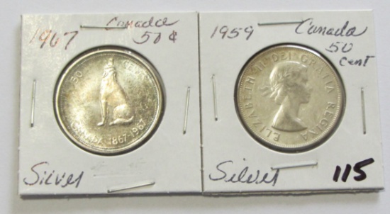 Lot of 2 - 1959 & 1967 Canada Half Silver Dollar