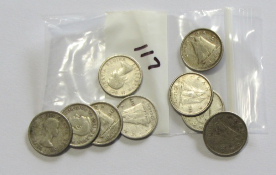 Lot of 9-1940,1943,1949,1952,1954,1956,1957,1958 & 1959 Canada Silver Dimes