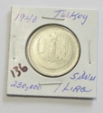 1940 Silver Turkey 1 Lira Low Mintage