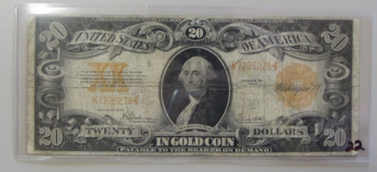 $20 1922 GOLD CERTIFICATE ALWAYS HIGHLY COLLECTED