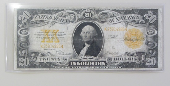 $20 1922 GOLD CERTIFICATE ALWAYS VERY HIGHLY COLLECTED