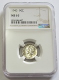 1943 MERCURY DIME NGC 65