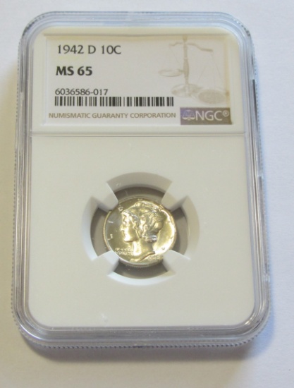 1942-D MERCURY DIME NGC 65 GEM